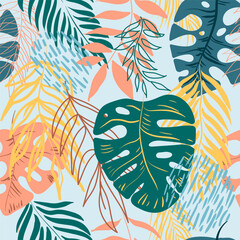 Seamless pattern. Summer tropical background. Colorful palm leaves wallpaper. Abstract vector art. Illustration of exotic plants. Botanical floral pattern for poster, flyer, cover, banner