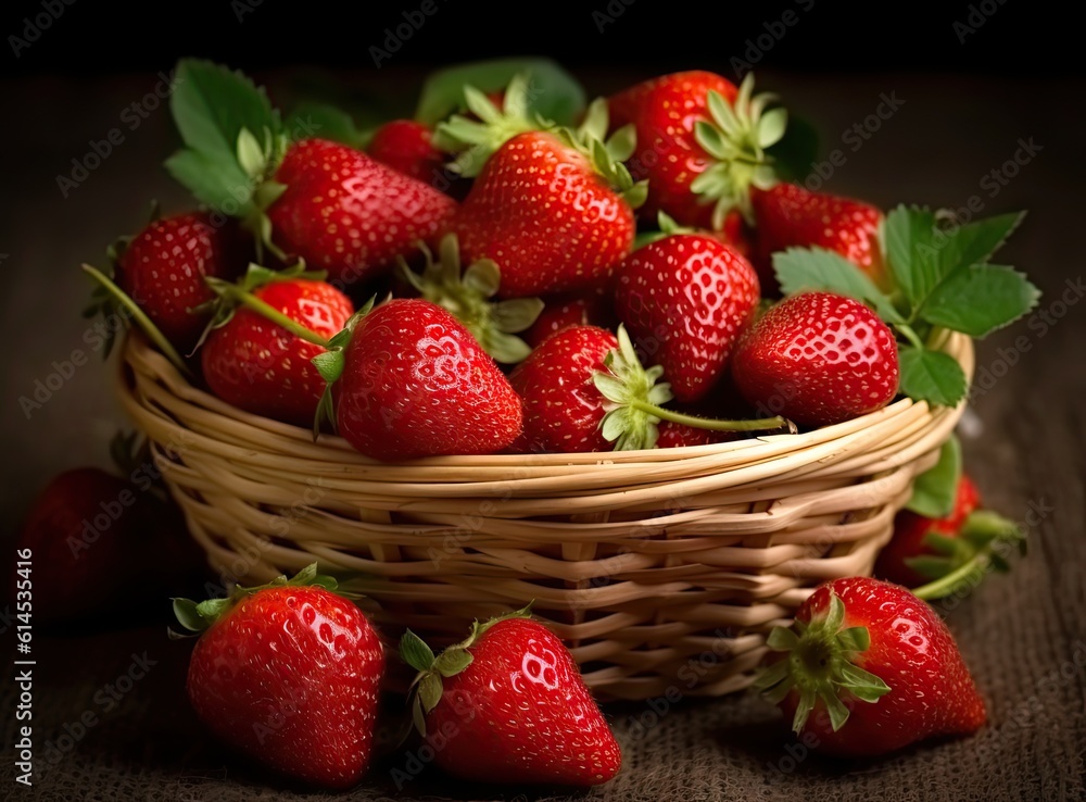 Poster fresh ripe strawberries in wicker basket created with generative ai technology.