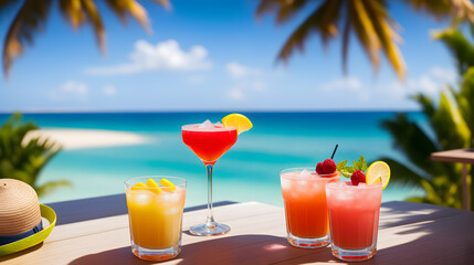 Cocktails on a tropical beach with palm trees and turquoise water. Summer vacation concept. Teasty cocktail. Beautyful background. Generative AI technology.