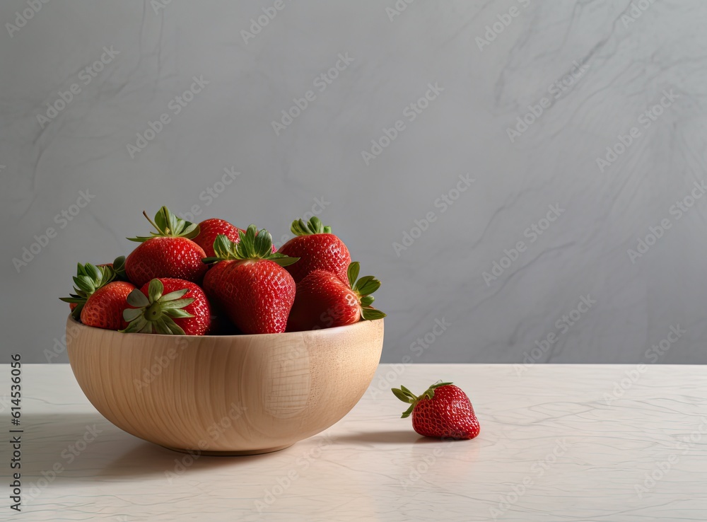 Poster strawberries in a white bowl on the table created with generative ai technology.