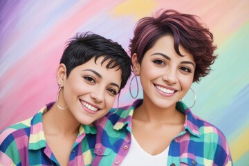 portrait of beautiful couple of happy cute smiling brunette short haired women in casual blue and white hipster checkered flannel shirt and striped blouse. Positive emotions. Friendship. Generative AI