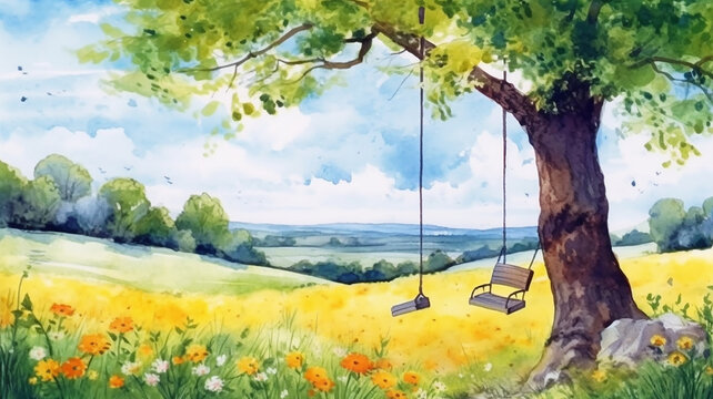 Bright landscape view in a summer meadow with tree and rope swing. hand painted watercolor illustration drawing, Generative AI.
