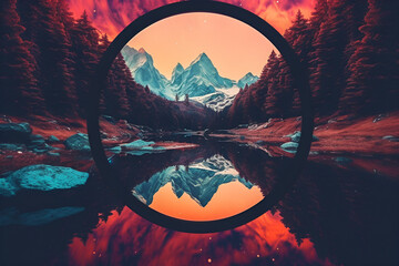 colorful psychedelic landscape with sunset mountains and trees - obrazy, fototapety, plakaty