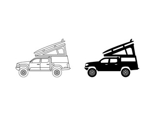 Overlanding Toyota Tacoma illustration with tent and surfboard icon-outline and silhouette.