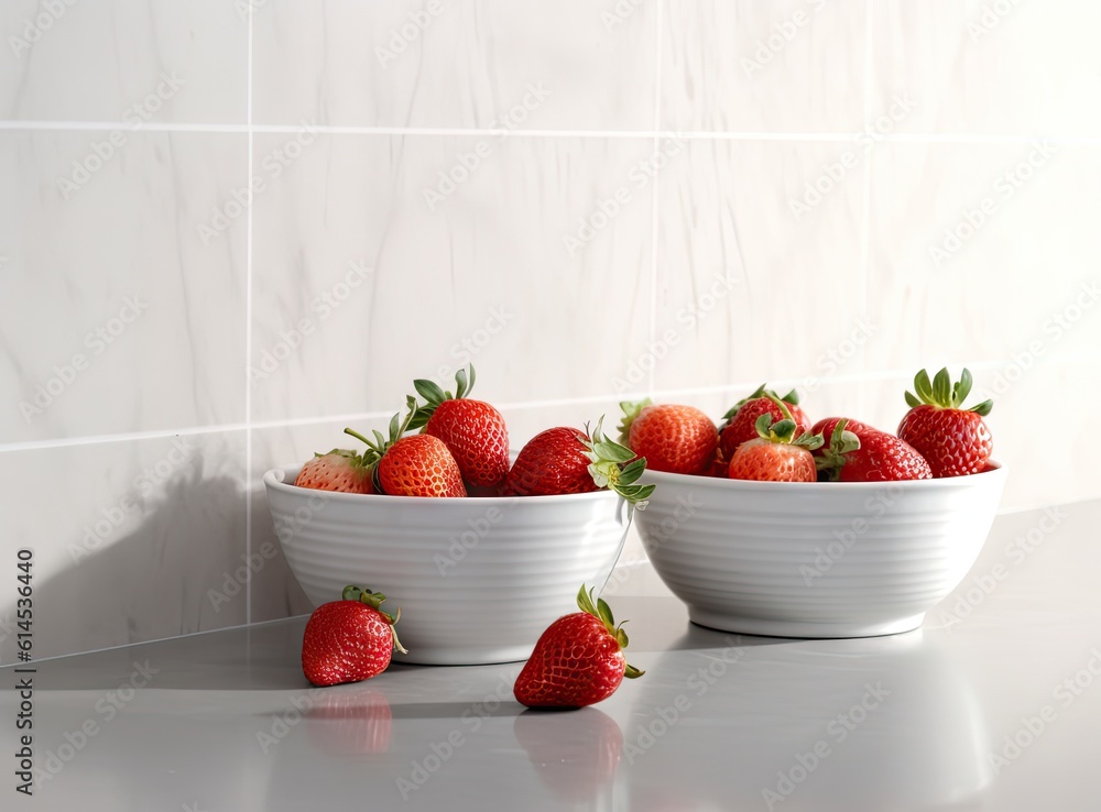 Poster strawberries in a white bowl on the table created with generative ai technology.
