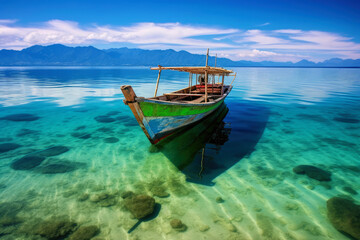 Fototapeta premium Small wooden boat on a tropical paradise beach in Indonesia. Generative AI