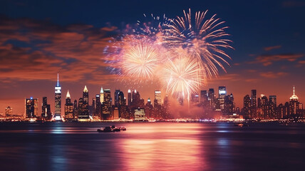 new york city manhattan july 4th independence day fireworks show with skyline over hudson river, Generative AI.