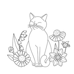 Cute coloring book with cat in flowers. Simple shapes, outline for children and adults. Vector illustration.