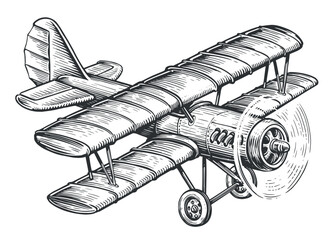 Retro airplane biplane with piston engine. Vintage transport sketch vector illustration © ~ Bitter ~