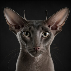 Studio shot with cute oriental cat portrait with the curiosity and innocent look as concept of modern happy domestic pet in ravishing hyper realistic detail by Generative AI.