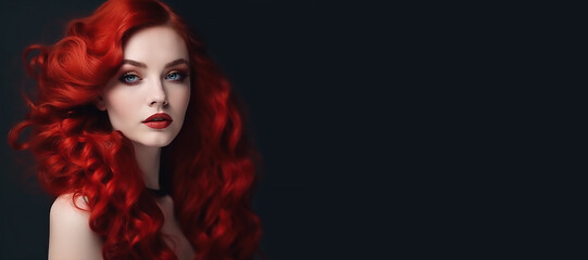 Fashion woman portrait, Long curly red hair. Holiday makeup, Smoky eyes and red lipstick , generative AI tools