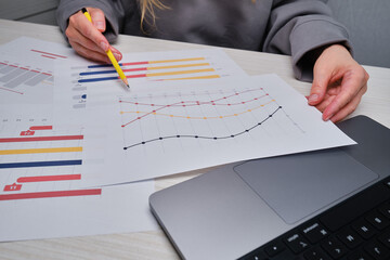 Financial graphs, statistics diagram and data. Annual presentation, infographic. Economic report, accounting. Growth analysis, business success. Analytics and management. Investments and technology