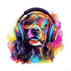 Dog listening to music, in the style of electric dreamscape, pop inspo