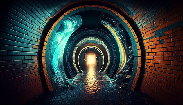 Abstract tunnel background, The digital representation of the holographic picture unfolding in the dark tunnel