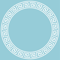 Ancient Greek national circular meander ornament for design isolated on a blue background.