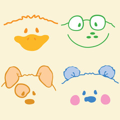 Cute duck, Frog, Puppy and little bear faces, spring summer design, fashion style.