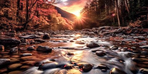 A stunning sunset illuminates a mountain stream in North Carolina.