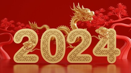3d rendering illustration for happy chinese new year 2024 the dragon zodiac sign with flower, lantern, asian elements, red and gold on background. ( Translation :  year of the dragon 2024 ).
