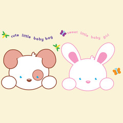 Illustration of cute friends puppy and little rabbit and text with butterfly spring summer print happy days.