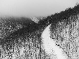 Aerial view of a mountain road in the middle of forest covered by snow - 614540851