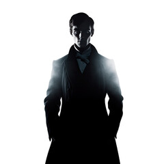 person standing in dark shadows isolated on a transparent background, generative ai