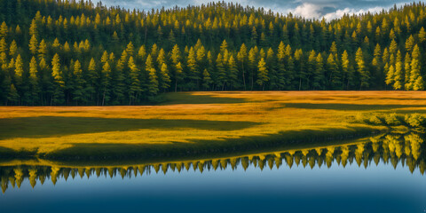 Reflection of pine trees in the lake. Panoramic view. Beautiful summer landscape. Generative AI technology.