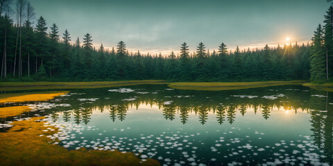 Sunset over a lake in the middle of a coniferous forest. Panoramic view. Beautiful landscape. Generative AI technology.