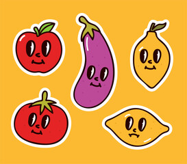 Groovy fruit and vegetable in cartoon psychedelic style. Fresh food sticker pack. Retro, vintage mascot set. Comic characters (Full Vector)