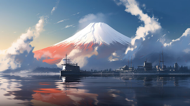 mountain fuji in front of alake and boats, industrial revolution time, ai generated image