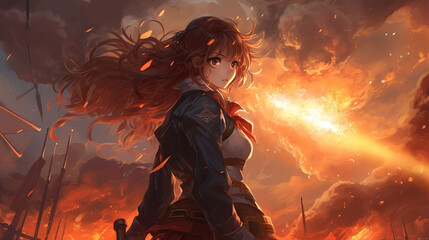 Obraz na płótnie Canvas a warrior girl in an epic wallpaper artwork with fire in background, ai generated image