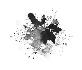 Black Ink Watercolor flow blot with drops splash. Abstract texture color stain on white background.