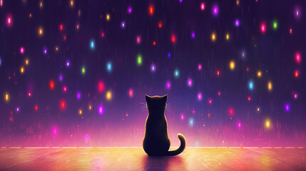 Naklejka premium a cute anime black cat sitting under a sky with falling colored stars, ai generated image