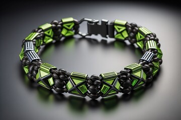 Fototapeta na wymiar Bracelet made of green glass beads on a black background. generative ai