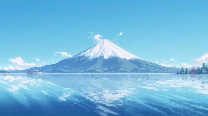 an anime illustration of the mountain fuji, view from the ocean, ai generated image