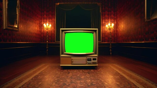 Retro 1980s tv, vintage television with a glitches, noise, interference, green screen in a mystery room.