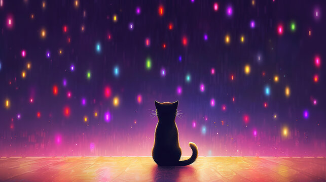 a cute anime black cat sitting under a sky with falling colored stars, ai generated image