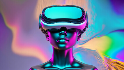 girl in neon vr glasses on holographic liquid background