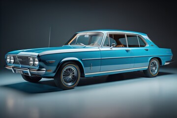 Obraz na płótnie Canvas Classic blue old american car on a dark background. generative ai