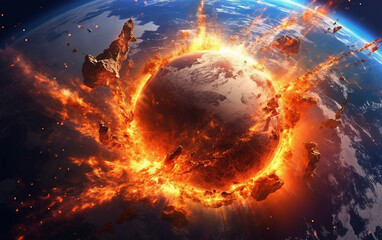 Fototapeta premium Meteor impact. This image captures the moment when a massive meteorite collides with the Earth, causing the crust to collapse and resulting in a state of utter destruction. The image pr Generative AI
