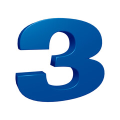 Blue number 3 in 3d rendering for math, business and education concept 