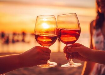 Obraz premium friends hands with glass of wine cheers on enening beach cafe promenade at sunset sea summer,generated ai