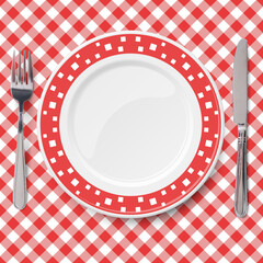 Red vector dish with pattern of chaotic white pattern placed on red check classic table cloth