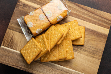 Delicious cookies on a wooden board. Close up