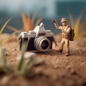 a tiny model of a person with camera, near desert, in the style of mysterious jungle, realistic images, adorable toy sculptures, animated film pioneer, photo-realistic still life, sharp focus.