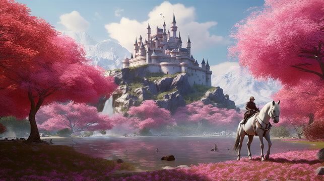 beautiful fairytale castle illustration with a prince on his horse in front, ai generated image