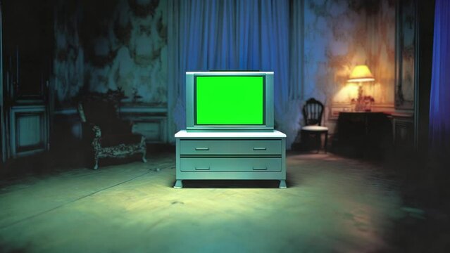 Retro 90s tv, vintage television with a glitches, noise, interference, green screen in a foggy mystery room.