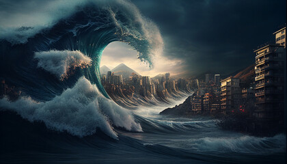 The tsunami is coming to demolish the city - obrazy, fototapety, plakaty