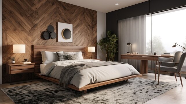 Bedroom decor, home interior design . Mid-Century Modern Industrial style with Accent Wall decorated with Wood and Metal material . Generative AI AIG26.