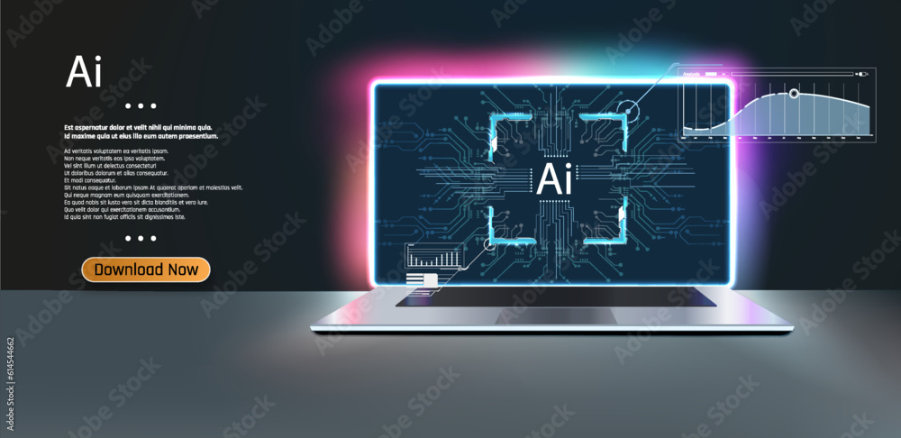 Poster chat with ai, artificial intelligence. using command prompt for generates something, futuristic tech