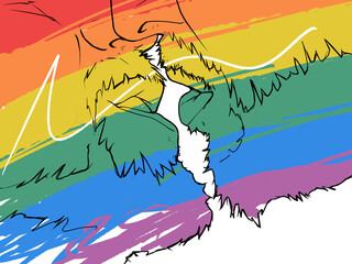 Line art illustration of two gay men kissing.